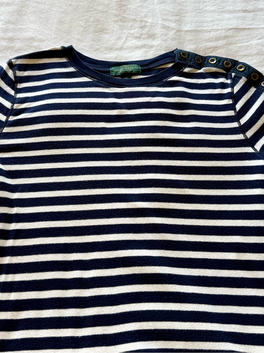 Ralph Lauren Navy and White Striped Long Sleeve Tee with Shoulder Buttons